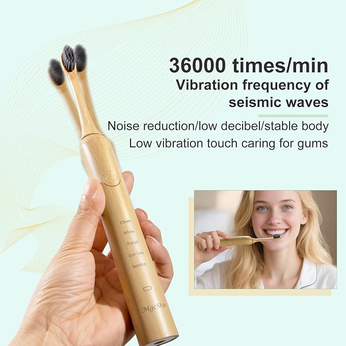 Sonic Bamboo Electric Toothbrush for Adults - Rechargeable Electric Toothbrush -4 Pack Bamboo Repalcement Brush Heads| 5 Cleaning Modes Long-Lasting Battery