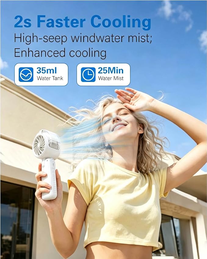 Portable Handheld Misting Cooling Fan – Foldable,20H/6000mAh Rechargeable Personal Turbo Fan,5-Speed Mini Water Spray Fan,3-in-1 Hand/Desk/Neck Use Mist Fans for Outdoor,Travel,Beach,Camping (White)
