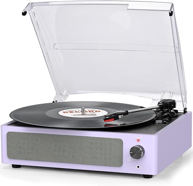 Record Player for Vinyl All-in-one Turntable with Speakers Belt-Driven Turn Table 3-Speed 3 Size 33 1/3 45 78 RPM BT Wireless Headphone AUX-in RCA LP Phonograph Auto Stop New Sleek Light Pale Purple