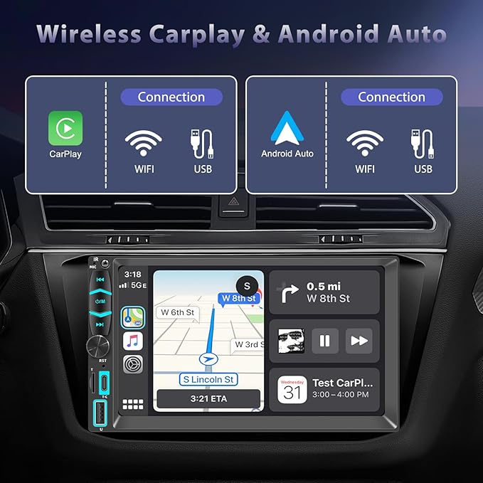 Wireless Double Din Car Stereo A-pple Carplay Radio Screen for Car Audio Receivers, Bluetooth Car Play Android Auto Touchscreen, Mirror Link, Backup Camera, AM/FM, Type-C
