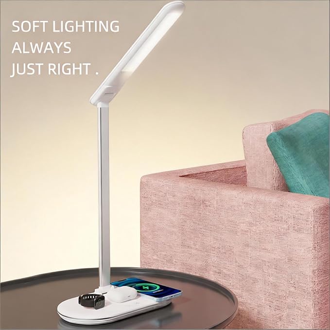 3-in-1 Wireless Charging Desk Lamp for Office&Home-15W Fast Qi Charger for Phone,Watch, AirPods,Adjustable Color&Brightness,Wide Angle Lighting,Touch Control,HYT2096 White.