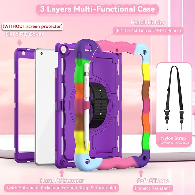 ZoneFoker Case for iPad 9th Generation Case / 8th Gen / 7th Gen 10.2 Inch 2021 2020 2019, Heavy Duty Cover with Pencil Holder [360° Rotate Strap] & Stand, Camouflage Purple