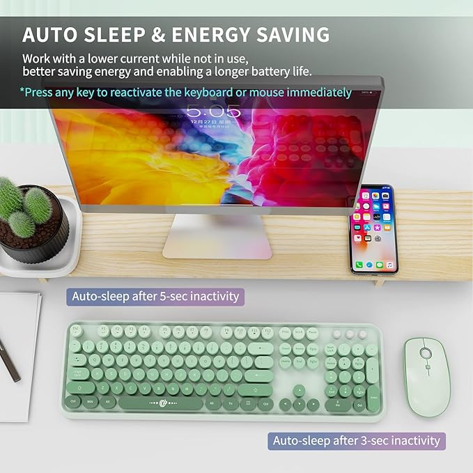 Wireless Keyboard and Mouse | Cute Colorful Keyboard and Mouse with 2.4GHz Cordless Retro Typewriter Keyboard | Auto-Sleep | USB Receiver for Windows PC/Laptop - Green Gradient