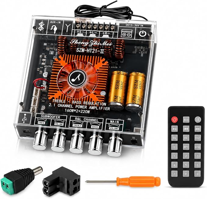 540W 2.1-Channel Mini Bluetooth Amplifier Board – 160W×2 + 220W Subwoofer, with TWS, FM/USB/AUX, IR Remote, DC15-36V, Deep Bass for DIY Speakers & Home Audio