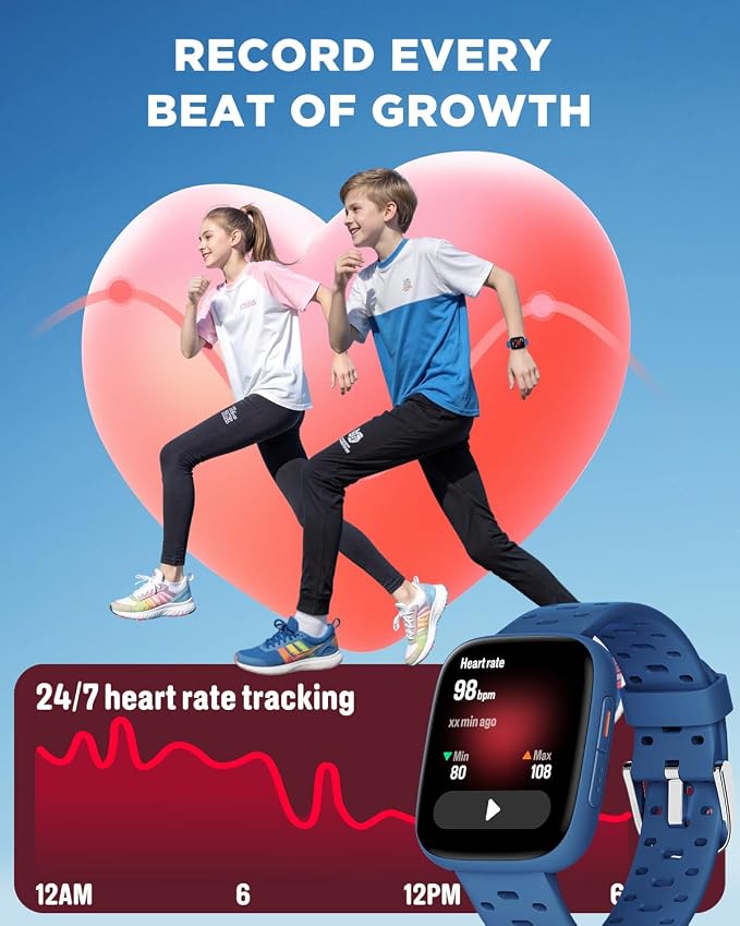 BIGGERFIVE Kids Watch No Phone Needed, 1.8" Amoled Smart Fitness Watch Pedometer, Heart Rate, Sleep Tracker, 30m Waterproof, Step Counter, Puzzle Games, 100+ Dials, Gifts for Boys Girls 5-16, Blue