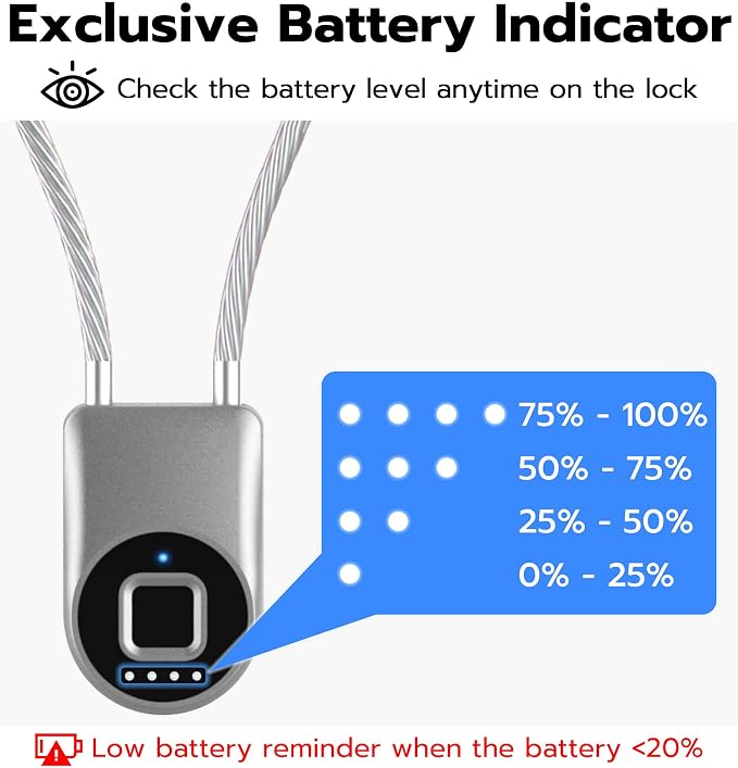 Anweller Fingerprint Cable Lock, 14" Long Shackle Small Padlock, Keyless Entry Biometric Bluetooth Smart Waterproof Combination Pad Lock for Gate Outdoor Fence Fridge Cabinet Locker Pool Bike - Silver