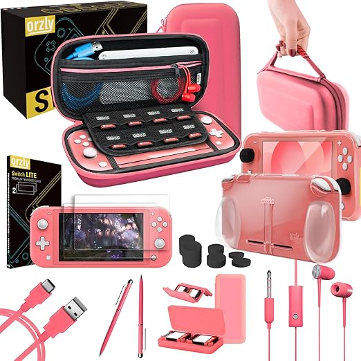 Orzly Accessories Bundle Compatible for use with Nintendo Switch Lite - Protective Case & Screen Protector, USB Cable, Games Holder, Grip Case, Headphones, Thumb-Grip Pack & More (Coral)