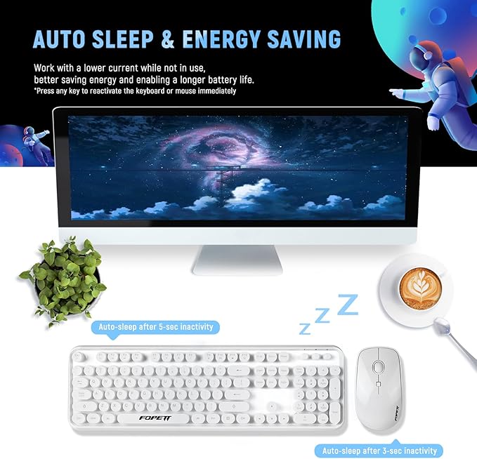 Wireless Keyboard and Mouse | Cute Colorful Keyboard and Mouse with 2.4GHz Cordless Retro Typewriter Keyboard | Auto-Sleep | USB Receiver for Windows PC/Laptop - White