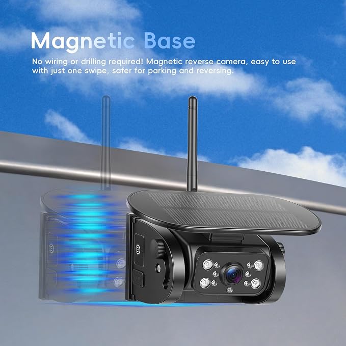 Dual Magnetic Solar Wireless Backup Cameras with 7'' HD 720P Monitor System, 1-Min Install-Free IP69 Waterproof Night Vision Reverse Camera for Trailer/Truck/RV/Camper/Tractor