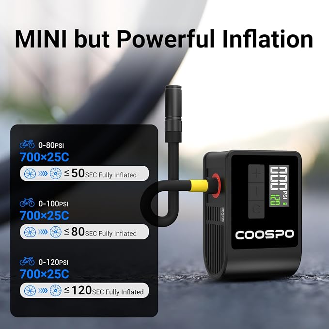 CooSpo Mini Electric Bike Pump, Portable Tire Inflator Portable Air Compressor, Max 120 PSI, Auto Shut-Off Air Pump with Presta/Schrader Valves for All Bicycles, Ball, Car Accessories