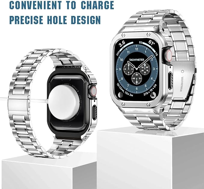 MioHHR Stainless Steel Watch Band with Case Compatible with Apple Watch Series 11/10 42mm,Rugged Strap with Metal Protective Bumper Cover for iWatch Band Men(Silver)