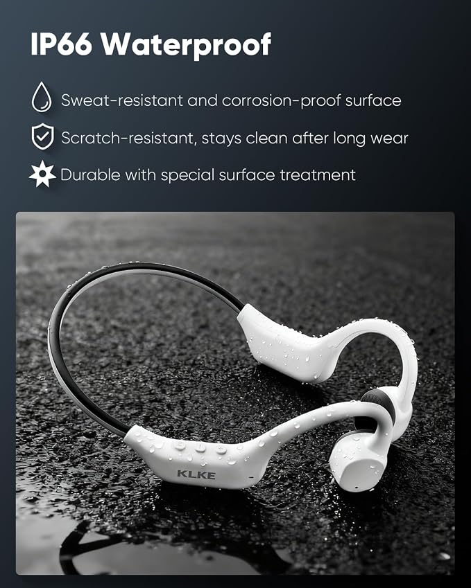 Open-Ear Bone Conduction Headphones, IP66 Waterproof, Integrated Transducer Running Headphones with Dual Mode, Rear Safety Light, 10H Battery,Advanced Mic for Cycling, Hiking & Outdoor Sports