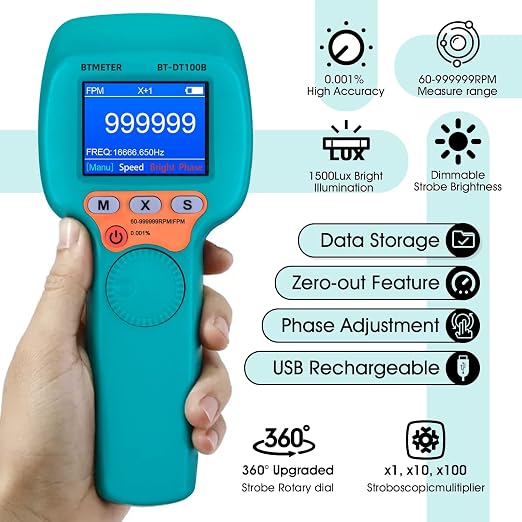 BTMETER Stroboscope Strobe Light Tachometer Non Contact Measure 60-999999 RPM/FPM Velocity Hz with 0.001% Accuracy, Handheld Speedometer Gun DT100B for Car Engine Gear Motor Troubleshoot