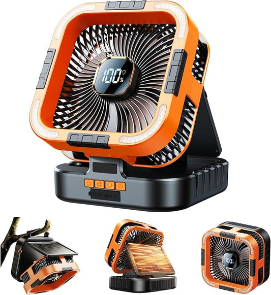 KIMMOO Solar Camping Fan with Light-10000mAh Rechargeable Portable, 6 Speeds, Digital Display, Timer, 120° Oscillation, Cordless Battery Powered Fan for Home Outdoor Tent Travel BBQ Fishing (Orange)