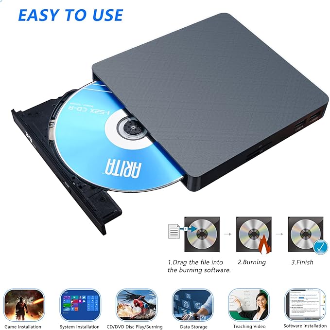 HATOKU External CD/DVD Drive for Laptop (USB 3.0 & USB-C): 8X DVD/24X CD Burner - Portable DVD Player for Laptop - Plug & Play External CD Drive for PC Desktop Windows 11 10 8 7 MacOS Linux (Grey)