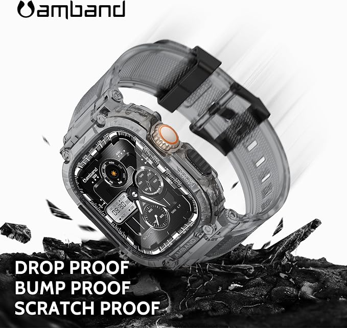 amBand Bands Case Screen Protector Compatible with Apple Watch Ultra 3/2/1 49mm, M1 Sport Series Rugged Cover Strap and 9H Tempered Glass Film, Protective Bumper for iWatch 49 mm Men Crystal Black