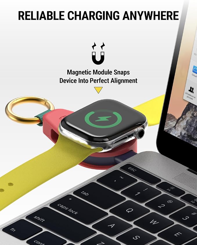 Scosche WatchIt Keychain Magnetic Charger for Apple Watch, Fast Charging USB-C Plug-In (No Battery), Portable Travel Charger for Series 11/10/9/8/7/6/5/4, Ultra 3/2, SE3/SE2/SE & AirPods, Sunset Coral