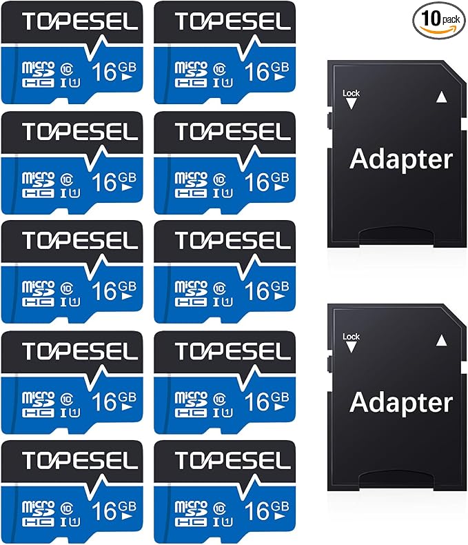 TOPESEL 10 Pack 16GB Micro SD Card with Adapter SDHC UHS-I Flash Memory Card TF Card for Smartphone, Camera, Dash Cam(16GB 10Pack)