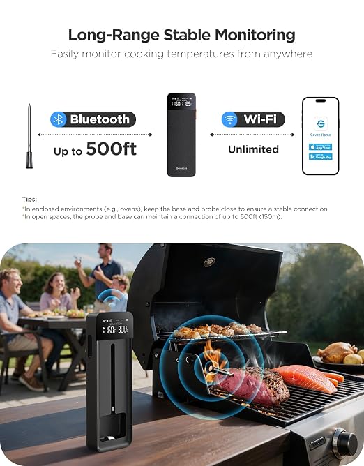 GoveeLife Smart Wireless Meat Thermometer with Bluetooth WiFi Ultra Range, Digital Oven Thermometer with Accuracy ±1.8°F, Charge Magnetic Base, Alarm, Kitchen Tools Suitable for BBQ, Grill, Smoker