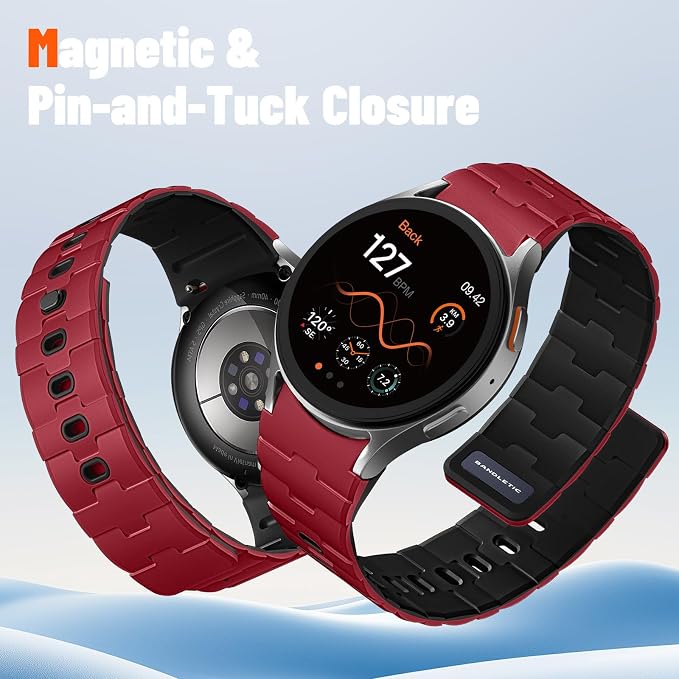 Bandletic 20mm No Gap Breathable Magnetic Silicone Band for Men Compatible with Samsung Galaxy Watch 7 6 5 4 FE 40mm 44mm/for Galaxy Watch 6 4 Classic 43mm 47mm 42mm 46mm/Watch 5 Pro 45mm, Red/Black