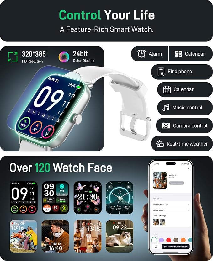 Hingso Smart Watch for Women Men, 1.85" Fitness Tracker for Android/iPhone | Bluetooth Call & Text Alert, Alexa Built-in, 24/7 Heart Rate/SpO2/Sleep/Cycles Monitor, 120+ Sports, IP68 Waterproof, 2 Bands