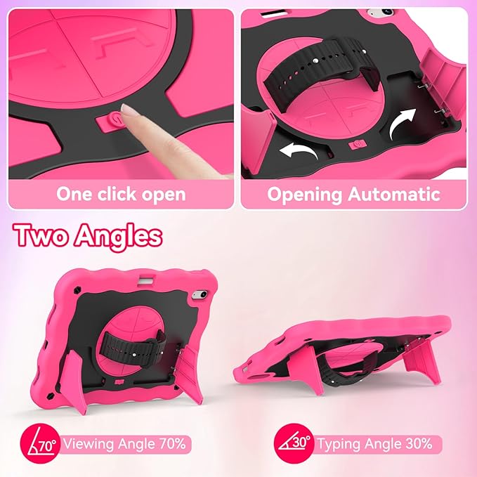 ZoneFoker for iPad A16 11th Generation 2025 / 10th Gen Case 2022, for 11 Inch / 10.9 Inch iPad Case Heavy Duty Cover Shockproof with Pencil Holder [360° Rotate Strap] & Stand, Hot Pink