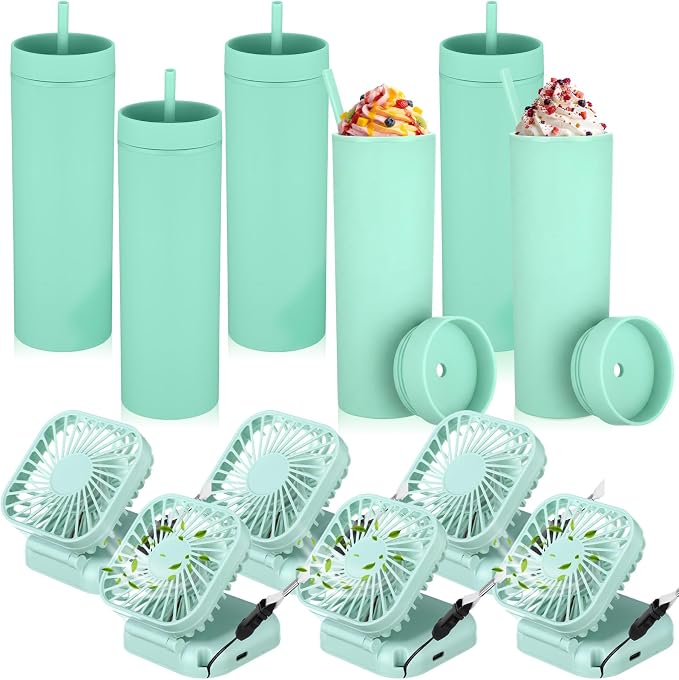 Reallnaive 12 Pcs Skinny Tumbler Bulk and Mini Portable Fans Set for Summer, 16 oz Plastic Cups with Lids Straws and Small USB Rechargeable Handheld Fan for Cooling Gift (Green)