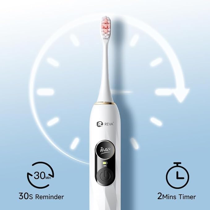 Reva V3 Sonic Electric Toothbrush for Adults, Dual Display, 5 Modes, 200-Day Battery, 4 Brush Heads, IPX7 Waterproof (Black)