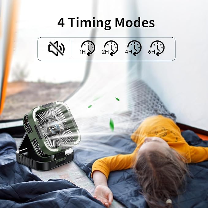 KIMMOO Solar Camping Fan with Light-10000mAh Rechargeable Portable, 6 Speeds, Digital Display, Timer, 120° Oscillation, Cordless Battery Powered Fan for Home Outdoor Tent Travel BBQ Fishing (Green)
