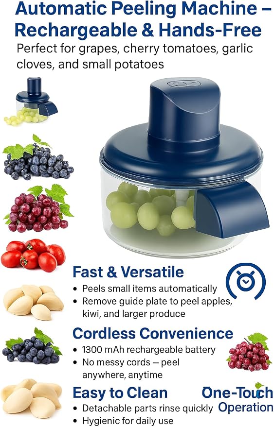 Automatic Electric Vegetable & Fruit Peeler – Rechargeable 2‑in‑1 Multifunctional Peeling Machine with Cleaning Brush for Garlic, Grapes, Apples, Potatoes & Small Produce (Blue)