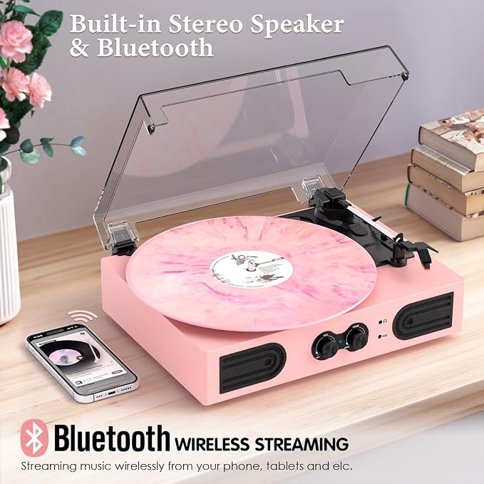 Vinyl Record Player with Built-in Speakers 3-Speed Vintage Record Player Support Treble& Bass Control, 3.5mm Headphone Jack, RCA-Out/Aux in, Belt-Driven LP Turntable,Pink
