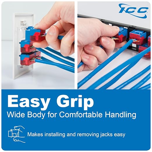 ICC CAT6 Keystone Jack with Inline IDC No Pair Split Wiring (Easier Termination) UL Listed PoE++ TAA Compliant for Wall Plate or Patch Panel, Works with JackEasy Termination Tool, Orange, 25 Pack
