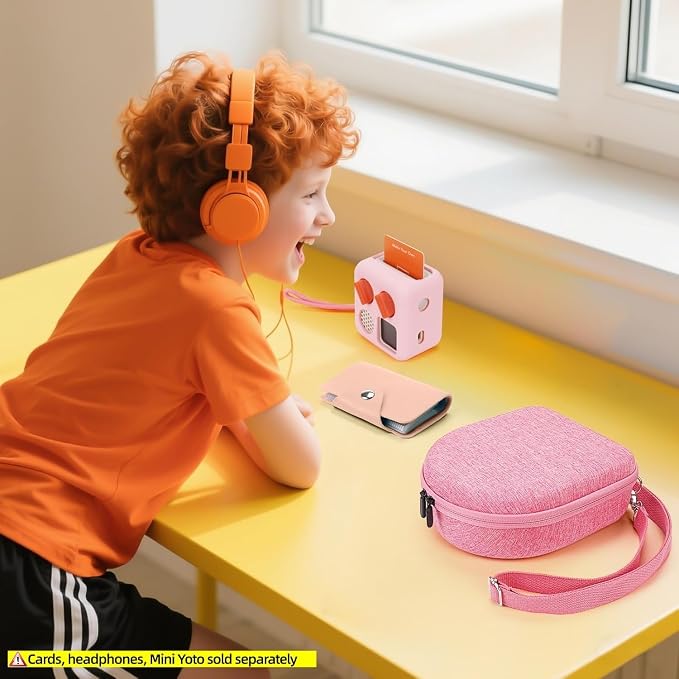 Hard Case Compatible with Yoto Mini (2024 Edition), 3-in-1 Travel Bundle: Silicone Cover + Case with Shoulder Strap (Fits Mini Player & Headphones) + Up to 10 Card Holder for YOTO Cards (Pink)