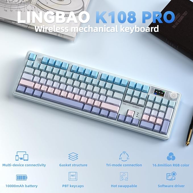 CORBOBO LINGBAO K108 Pro Wireless Mechanical Keyboard with Screen & Knob, Full Size Creamy Keyboard with Number Pad, 10000mAh Battery, PBT Keycaps, RGB Backlit, Hot-swappable Gaming Keyboards