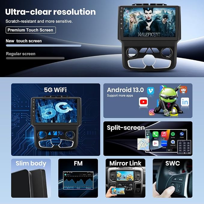 Car Radio Stereo for Dodge Ram 2013-2018 1500 2500 3500 Automatic AC with 4G RAM 64G ROM Wireless Carplay Android Auto 9 inch Head Unit with DSP Bluetooth GPS FM WiFi