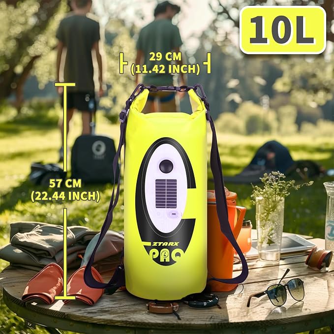 FELICON Waterproof Dry Bag Backpack with Bluetooth Speaker, 10L Roll Top Floating Sack, Solar & USB-C Powered Emergency Charger, RGB Light, Heavy Duty PVC for Kayaking Camping, Neon Yellow