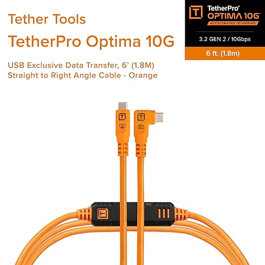 Tether Tools TetherPro Optima 10G USB-C Exclusive Data Transfer, 6’ (1.8m) Straight to Right Angle Cable - Orange