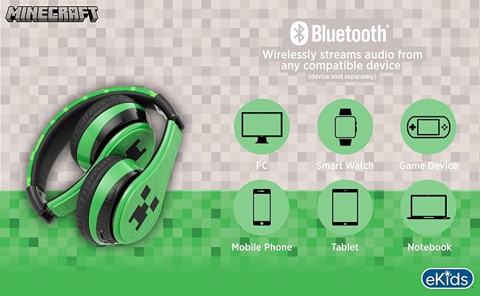 Minecraft Kids Bluetooth Headphones, Wireless Headphones with Microphone | Volume Reduced and Adjustable Headband