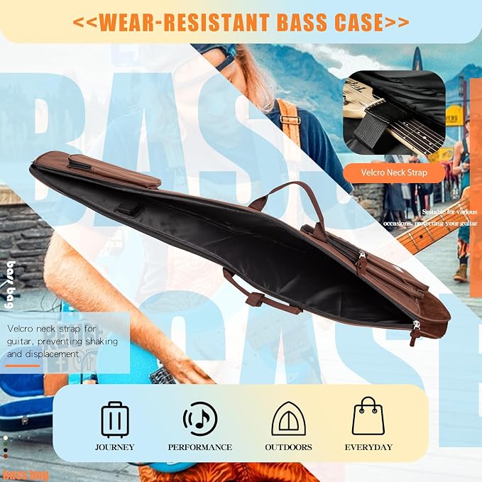Bass Guitar Bag 0.5 Inch Padding Bass Guitar Case, Bass Electric Guitar Gig Bag Backpack with Neck Strap and 4 Pockets, Brown