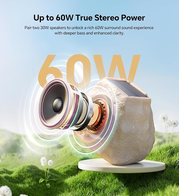Upgraded Outdoor Rock Speaker 60W Deep Bass Multi-Sync up to 100Pcs, Remote Control, IPX7 Waterproof Solar-Powered with LED Lights Perfect for Pool, Garden, Patio, Ideal for Music Lovers - 2 Packs