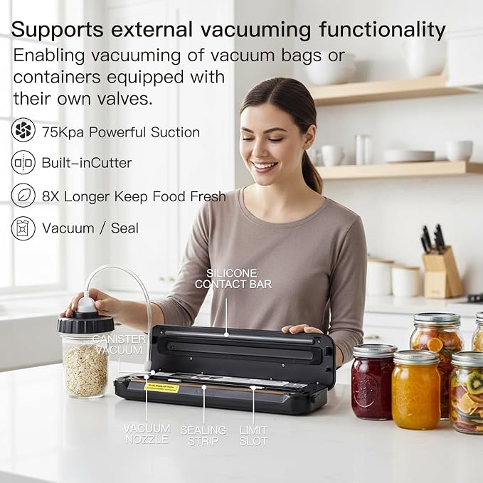 MEGAWISE Food Sealer w/Premium Kit with Accessory Hose for Wide and Regular Mouth Sealer, Dry & Moist Food Modes, Compact Design with 10 Vacuum Bags & 20 Mason Tin Lids. (Premium)