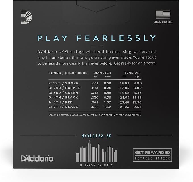 D'Addario Electric Guitar Strings, NYXL Nickel Plated, NYXL1152-3P, Medium Top/Heavy Bottom Gauge 11-52, 6-String Set, Pack of 3