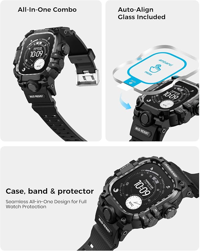amBand Rugged Case with Band for Apple Watch Ultra 3/2/1 49mm, M3 Military Grade Shockproof Cover, Includes Screen Protector Kit, Tactical Band for Men - Compatible with iWatch Ultra, Matte Black