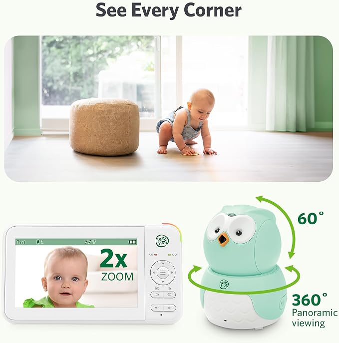 LeapFrog LeapView Twoo Video Baby Monitor (Non-WiFi), 5-Inch Screen, 360° Coverage Owl Camera | 31-Hr Battery, 1,000ft Range, Secure FHSS, VOX, Two-Way Talk, Temperature | Blue
