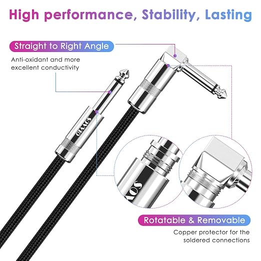 Guitar Cable 20FT Instrument Cord for Electric Bass Keyboard - 1/4 Inch Right Angle AMP Cable - Black