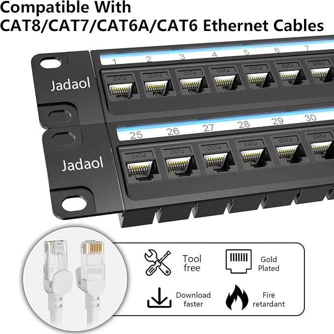 Jadaol [UL Listed] 48 Port Patch Panel Rackmount or Wall Mount 19-Inch, 2U Cat 6 Network Panel Preloaded with 48 Keystone Couplers Plus 2 Spare, 10Gbps Ethernet Panel with Cable Management & Back Bar