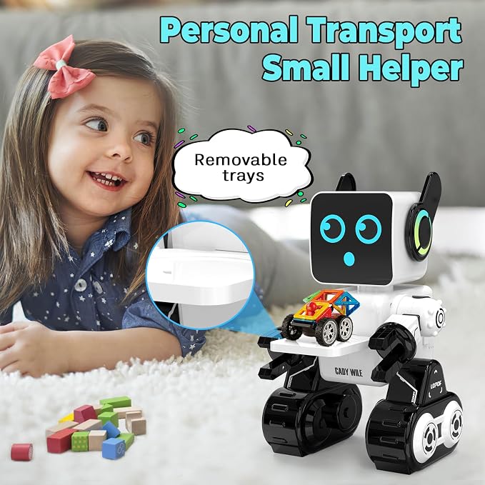 okk Robot Toys for Kids, Programmable Remote Control Robot, Interactive Toys with Coin Bank, LED and Tray, Walking Talking Singing Dancing Gift for Boys Girl（White）