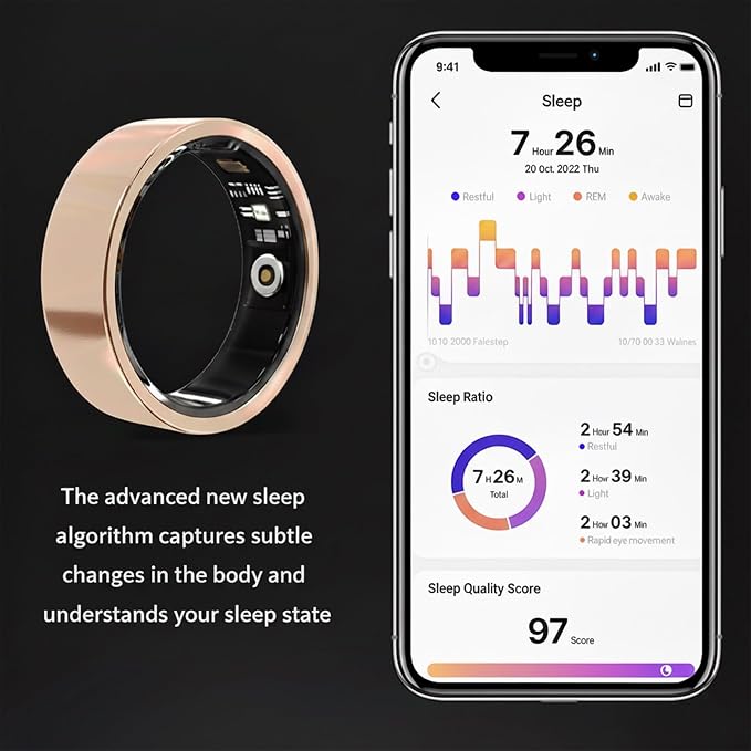Smart Ring for Women Men, Fitness & Health Tracker with Vital Signs Monitoring, Sleep Tracker, Remote Photography, No Subscription(Gold,8#)