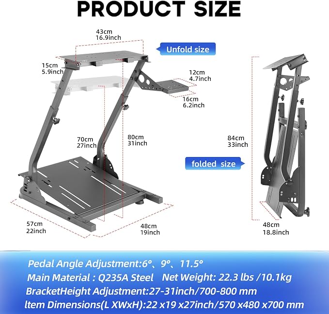 Grefinity Racing Wheel Stand，Height Adjustable Steering Wheel Stand Racing Simulator Cockpit for Logitech G920 G29 G923 G27 G25, Thrustmaster T300RS TX F458 T500RS T150 Xbox PS4 PS5 PC