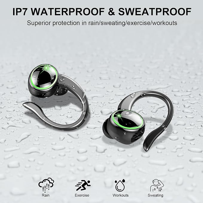 Wireless Earbuds, 2026 Bluetooth 5.4 Headphones Sports, 50 Playback Over-Ear buds with 4 ENC Noise Cancelling Mics Deep Bass Fitness Earphones Gym Running Workout, IP7 Headset with Earhook LED Display